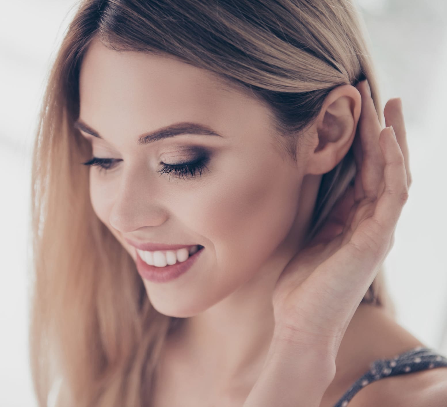 Close up portrait of successful, pretty, charming, gorgeous, cheerful, cute, modern, naked, nude, natural, positive, correcting her hair behind ear, skincare, bodycare, healthcare concept Smile Neck lift in Charleston County, SC